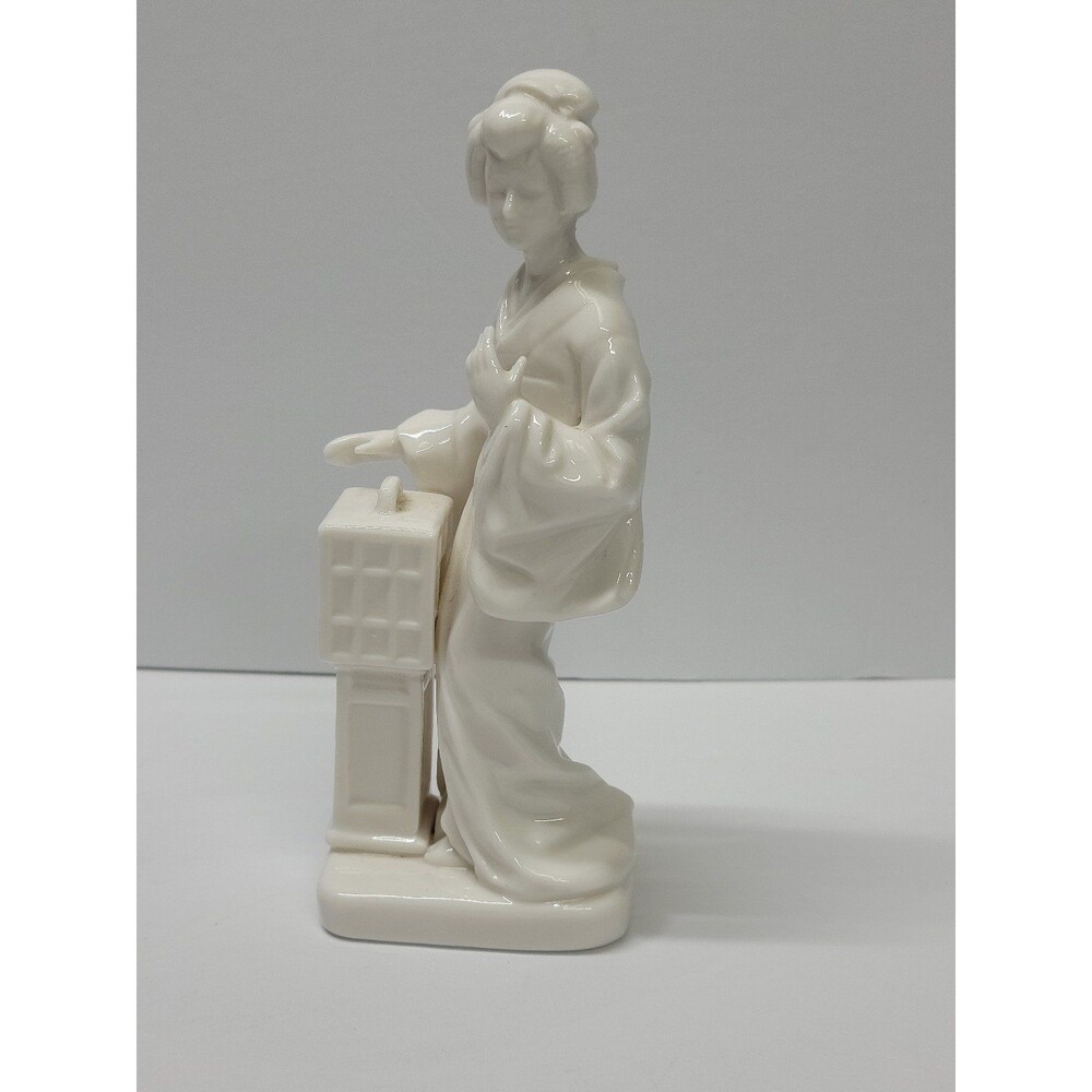 Enesco Geisha Figurine Labeled white Porcelain 7”. Vtg